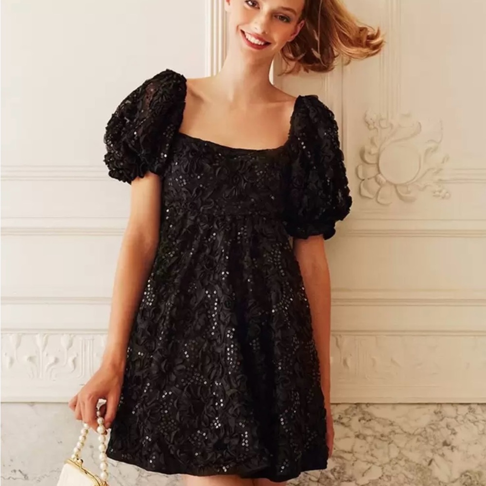 SHEIN Black Square Neck Puff Sleeve Mini Dress